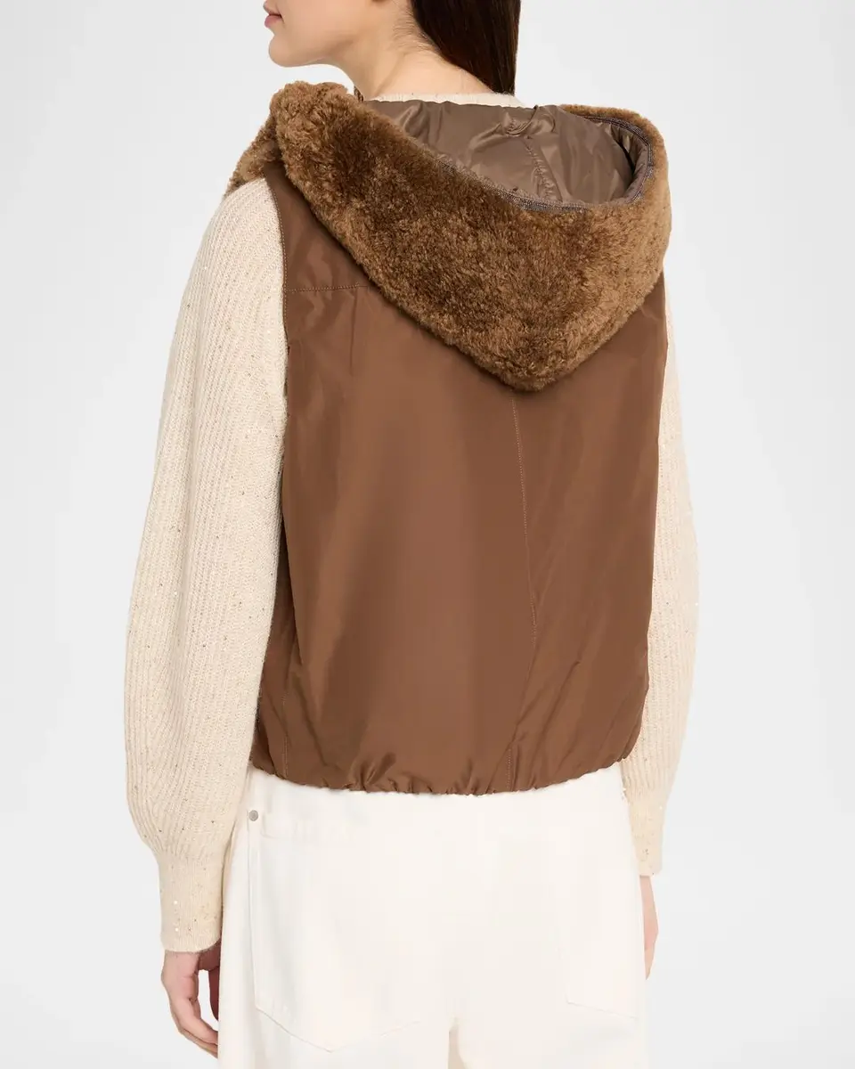 Brunello Cucinelli Reversible Teddy Cashmere Goat Shearling Hooded Vest | Thumbnail 3
