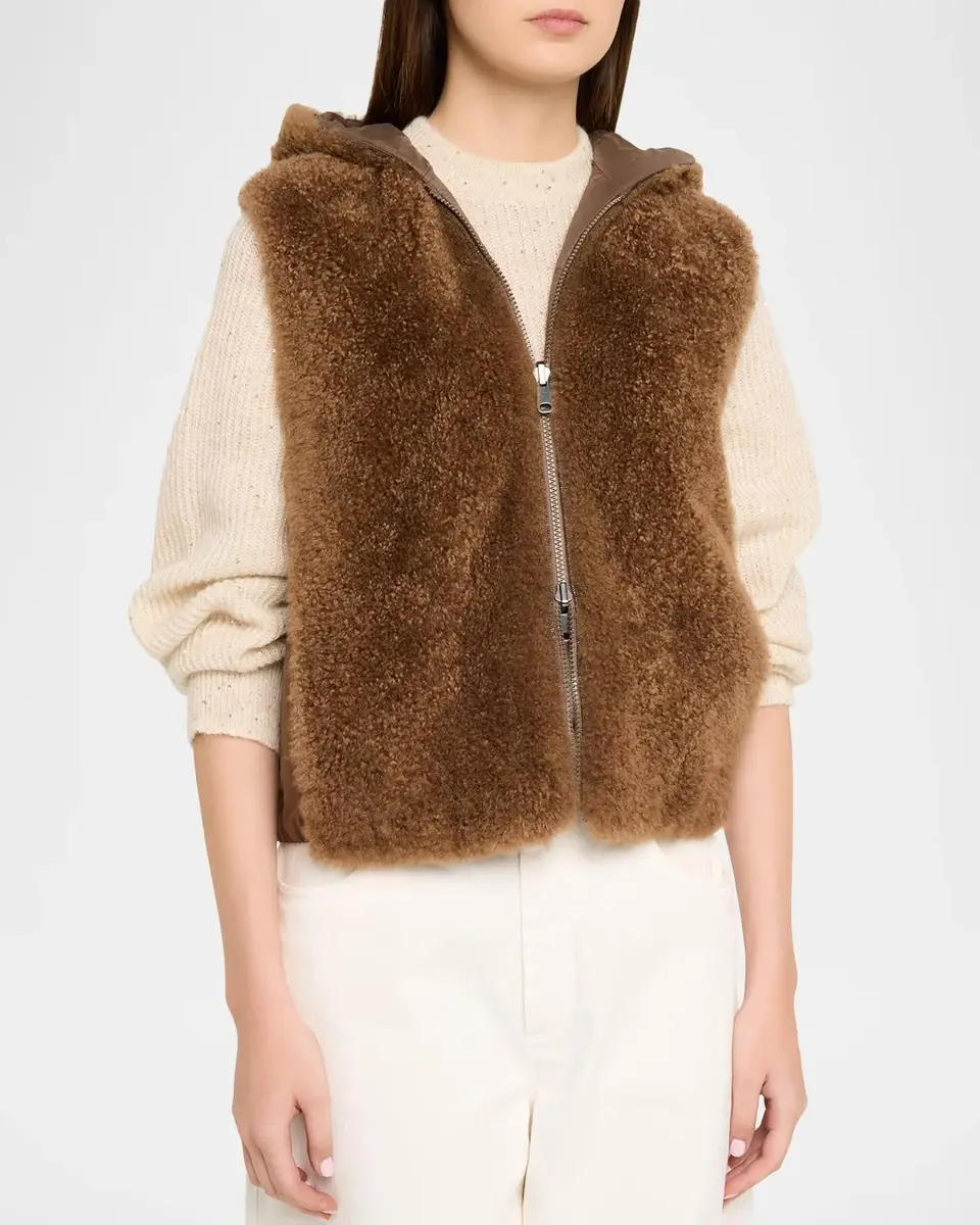 Brunello Cucinelli Reversible Teddy Cashmere Goat Shearling Hooded Vest | Thumbnail 4