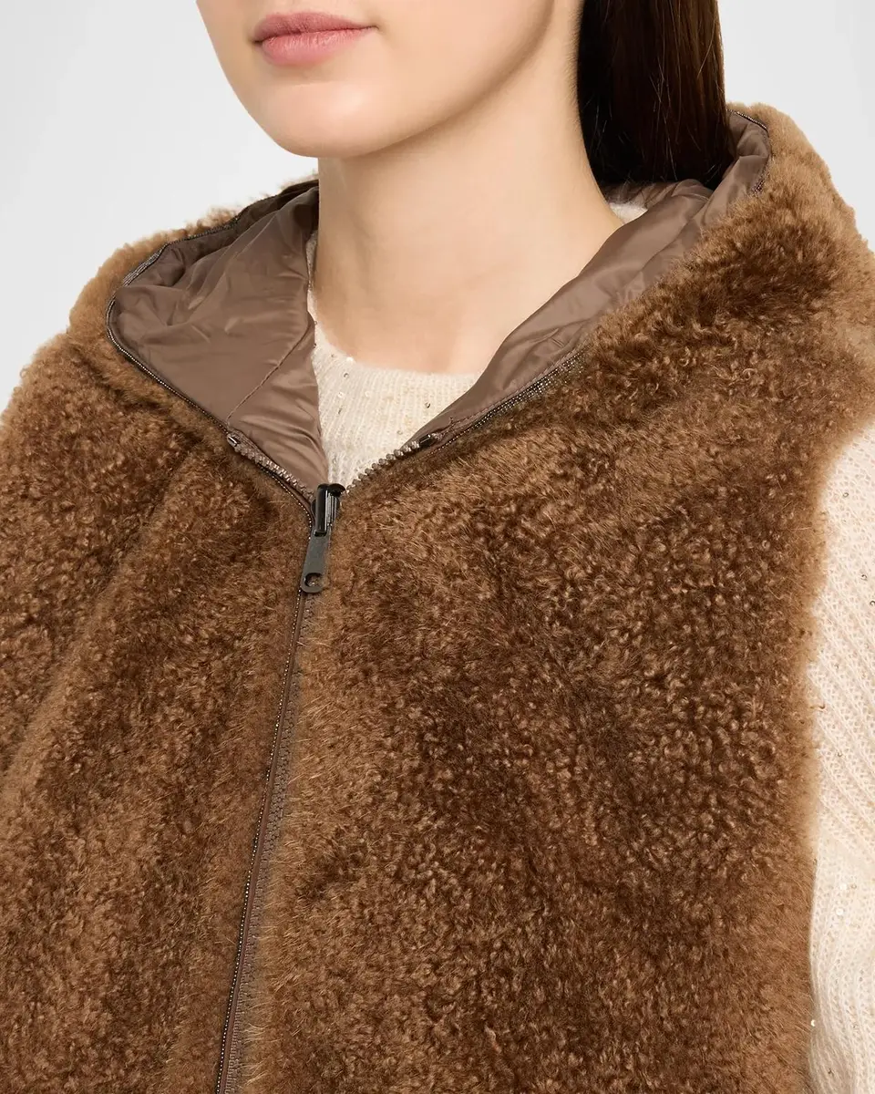 Brunello Cucinelli Reversible Teddy Cashmere Goat Shearling Hooded Vest | Thumbnail 5