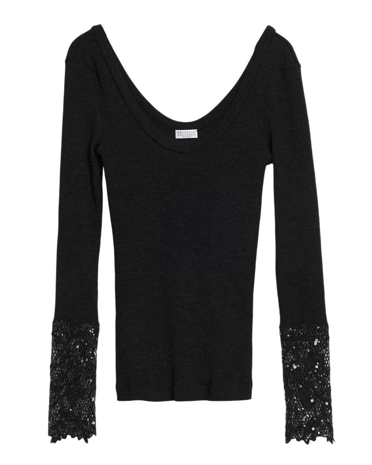 Brunello Cucinelli Shimmering Cuff Wool Jersey Long-Sleeve Top