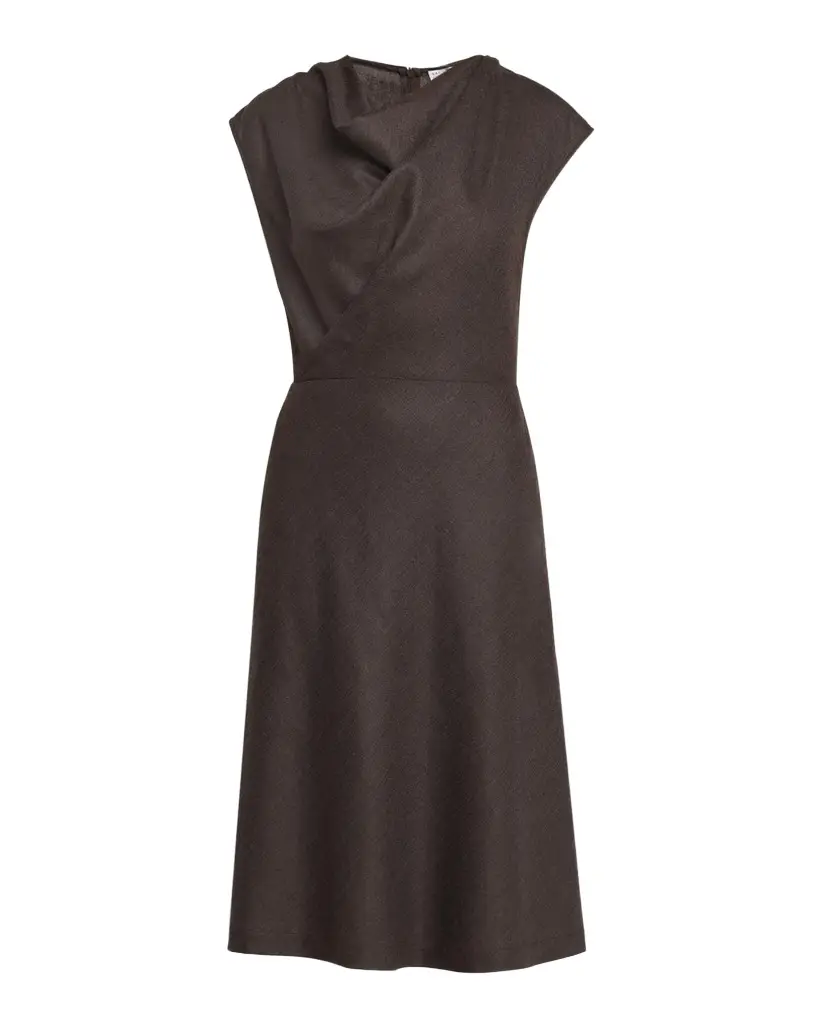 Brunello Cucinelli Fluid Wool Twill Cowl-Neck Midi Dress