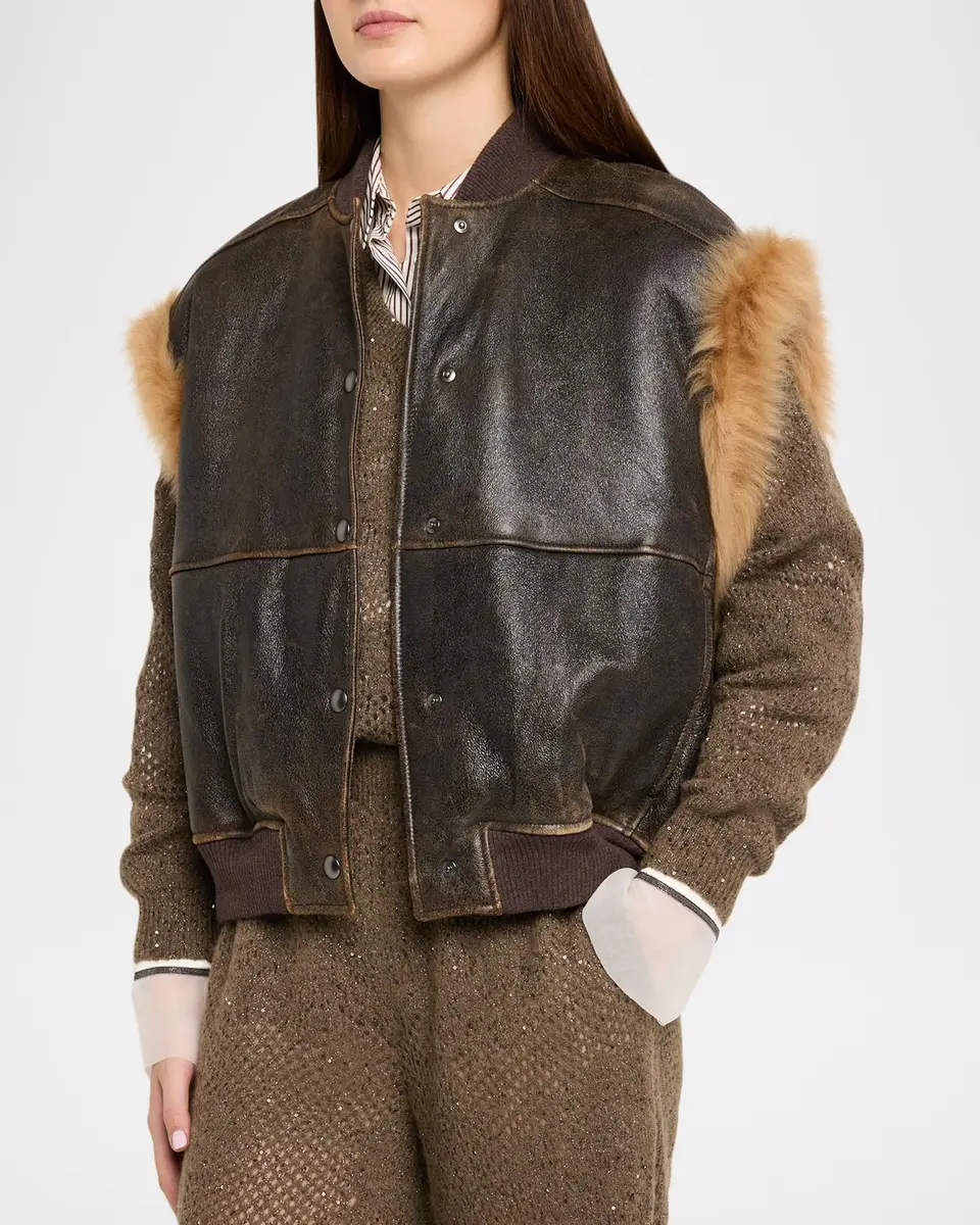 Brunello Cucinelli Lamb Shearling Trim Vintage Aviator Vest | Thumbnail 4