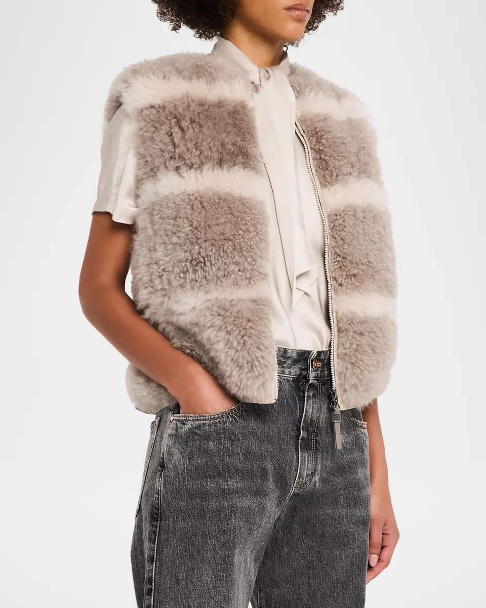 Brunello Cucinelli Striped Cashmere Goat Shearling Vest | Thumbnail 4