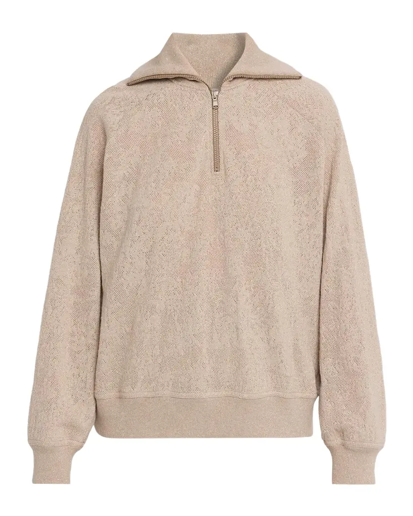 Brunello Cucinelli Jersey Lace Pointelle Knit Quarter-Zip Sweater