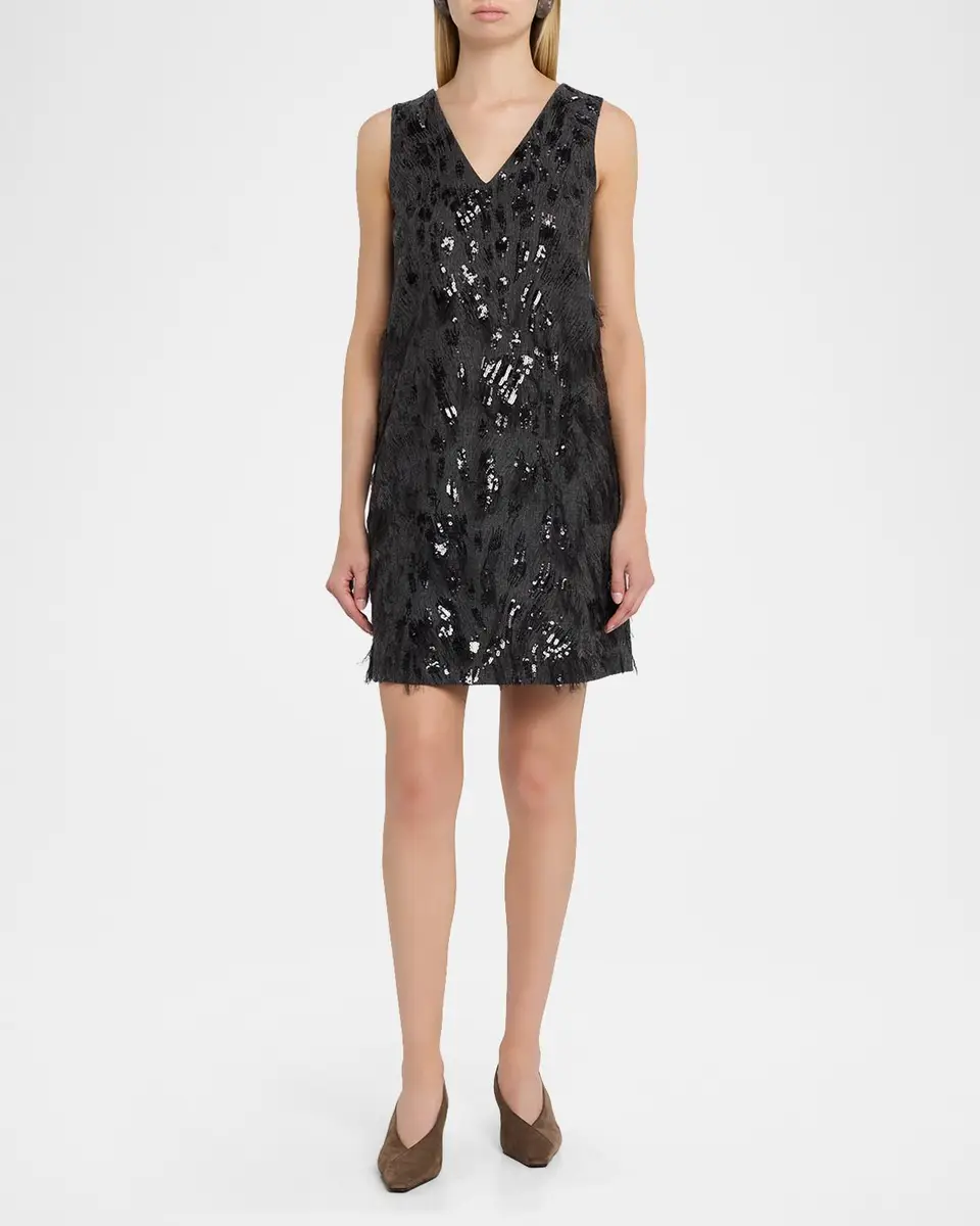 Brunello Cucinelli Animalier Sequin V-Neck Mini Dress | Thumbnail 2