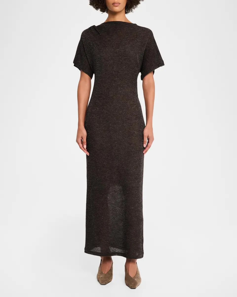 Brunello Cucinelli Silk Alpaca Knit Short-Sleeve Column Dress | Thumbnail 2