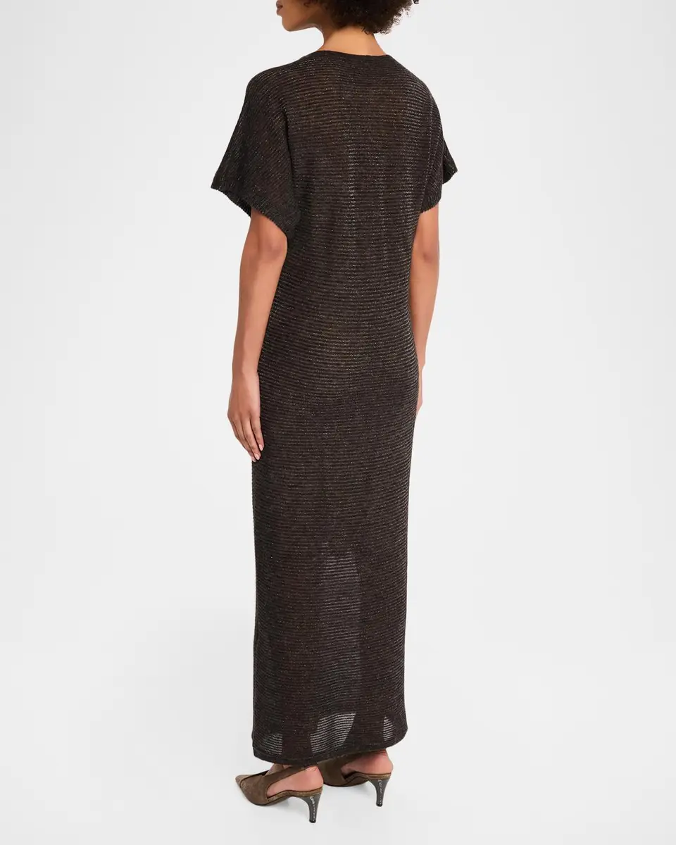 Brunello Cucinelli Silk Alpaca Knit Short-Sleeve Column Dress | Thumbnail 3