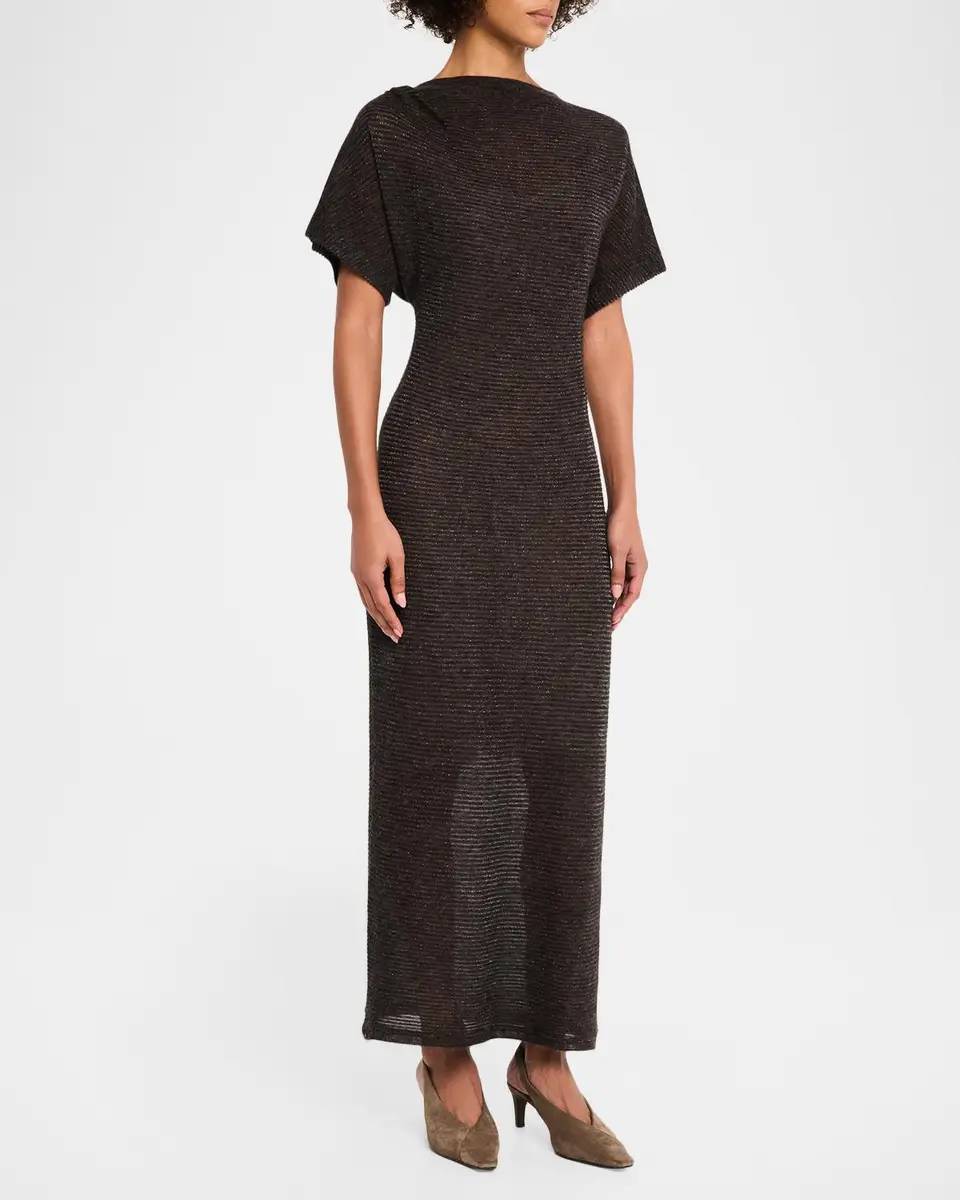 Brunello Cucinelli Silk Alpaca Knit Short-Sleeve Column Dress | Thumbnail 4