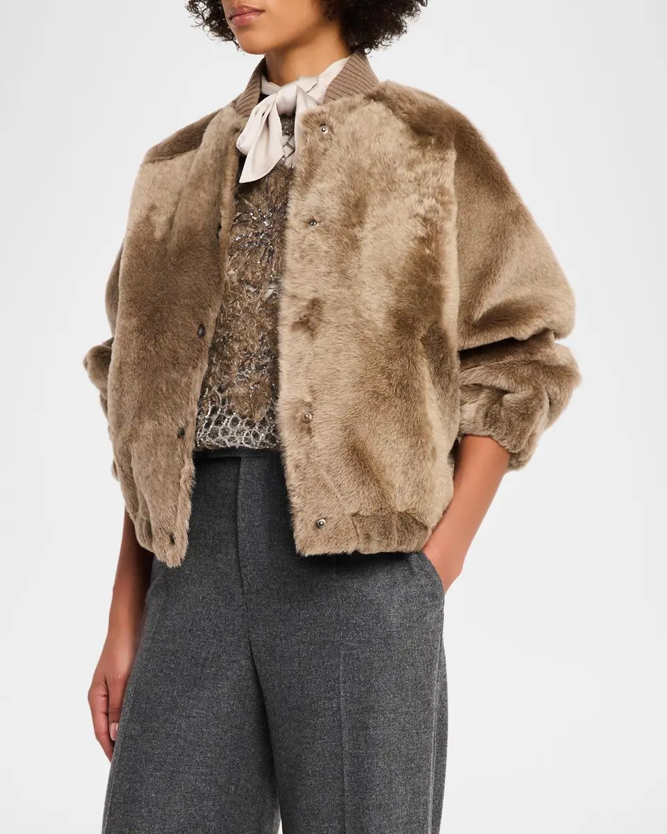 Brunello Cucinelli Velour Lamb Shearling Bomber Jacket | Thumbnail 4