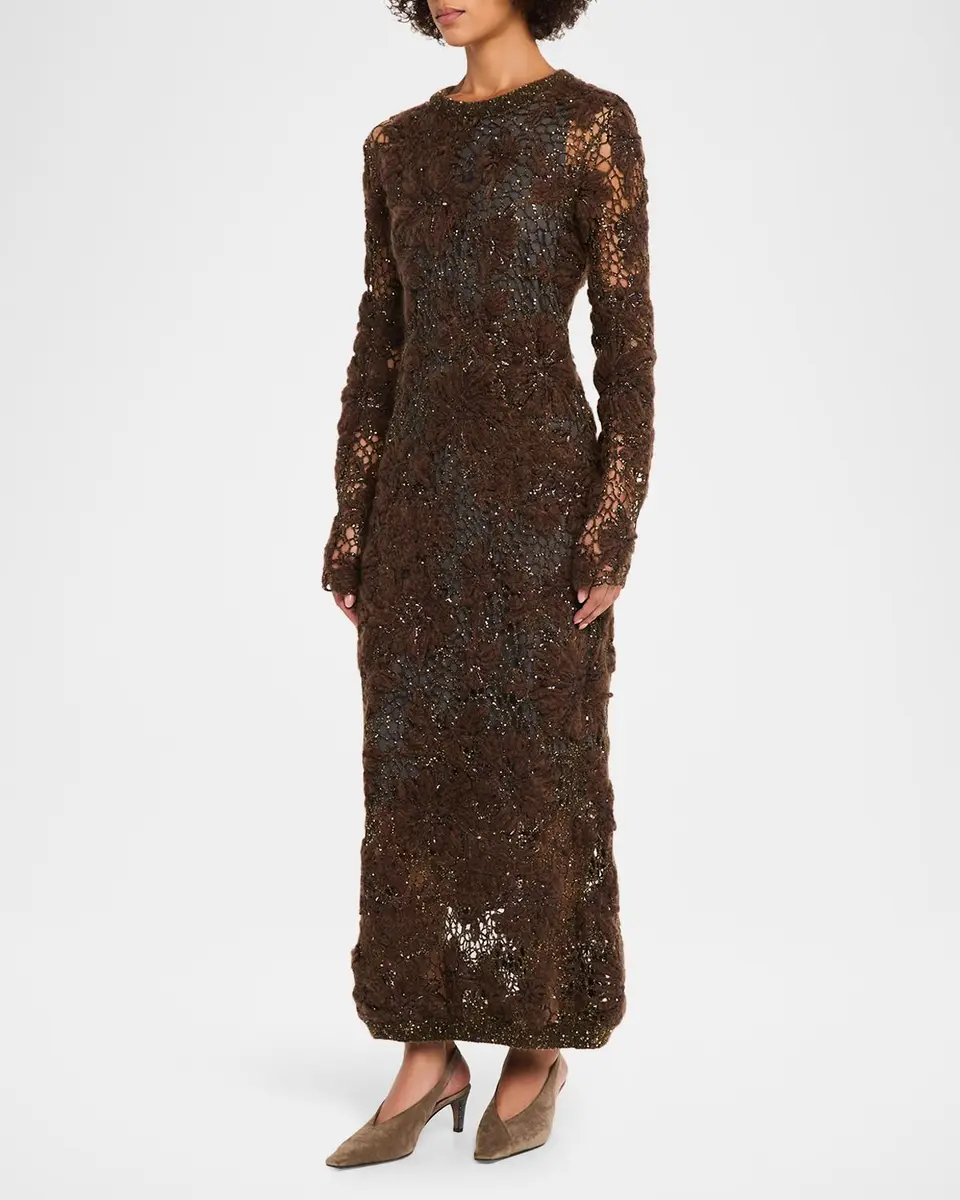 Brunello Cucinelli Mohair Sparkling Floral Embroidered Mesh Dress | Thumbnail 4 Brunello Cucinelli Mohair Sparkling Floral Embroidered Mesh Dress | Thumbnail 4