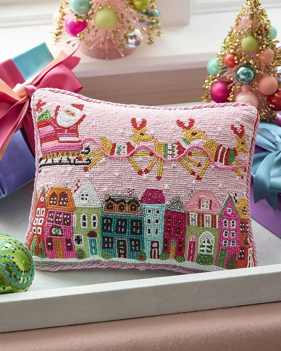 Santa in Sleigh Over Buildings Beaded Pillow, 9" x 11"