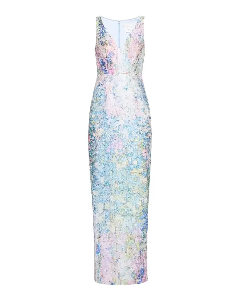 Sleeveless Printed Sequin Column Gown