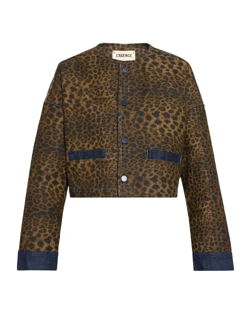 L'Agence Verona Leopard-Print Crop Denim Jacket