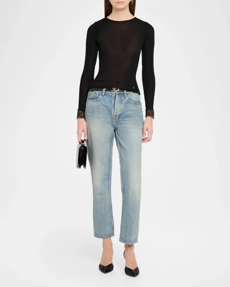 Saint Laurent Lace Trim Wool-Cashmere Rib Jersey Long-Sleeve Top | Thumbnail 2 Saint Laurent Lace Trim Wool-Cashmere Rib Jersey Long-Sleeve Top | Thumbnail 2