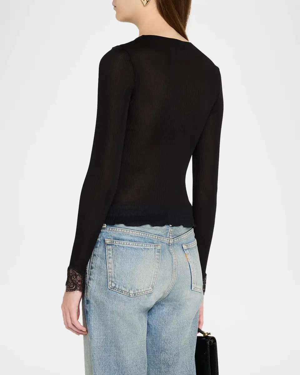Saint Laurent Lace Trim Wool-Cashmere Rib Jersey Long-Sleeve Top | Thumbnail 3 Saint Laurent Lace Trim Wool-Cashmere Rib Jersey Long-Sleeve Top | Thumbnail 3