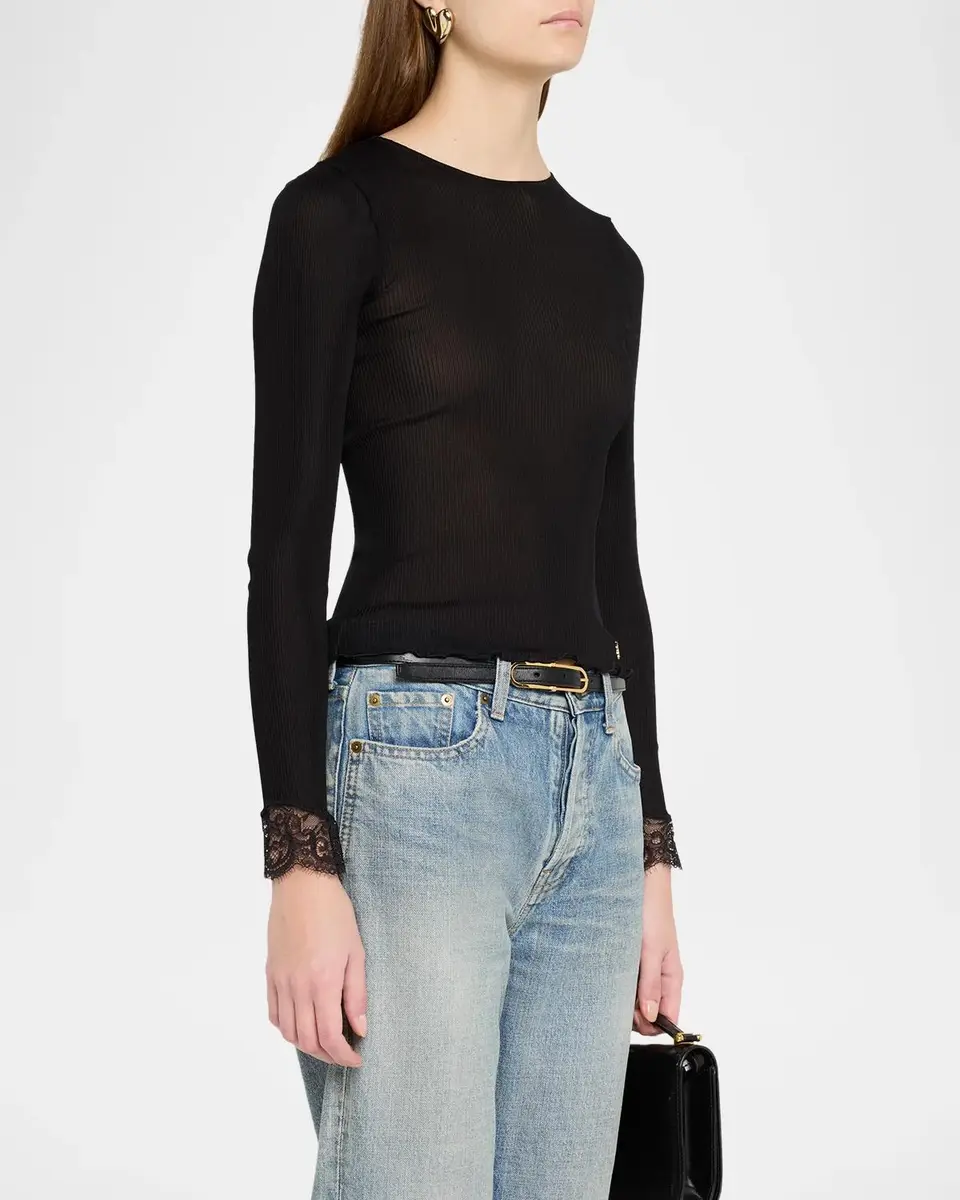 Saint Laurent Lace Trim Wool-Cashmere Rib Jersey Long-Sleeve Top | Thumbnail 4 Saint Laurent Lace Trim Wool-Cashmere Rib Jersey Long-Sleeve Top | Thumbnail 4