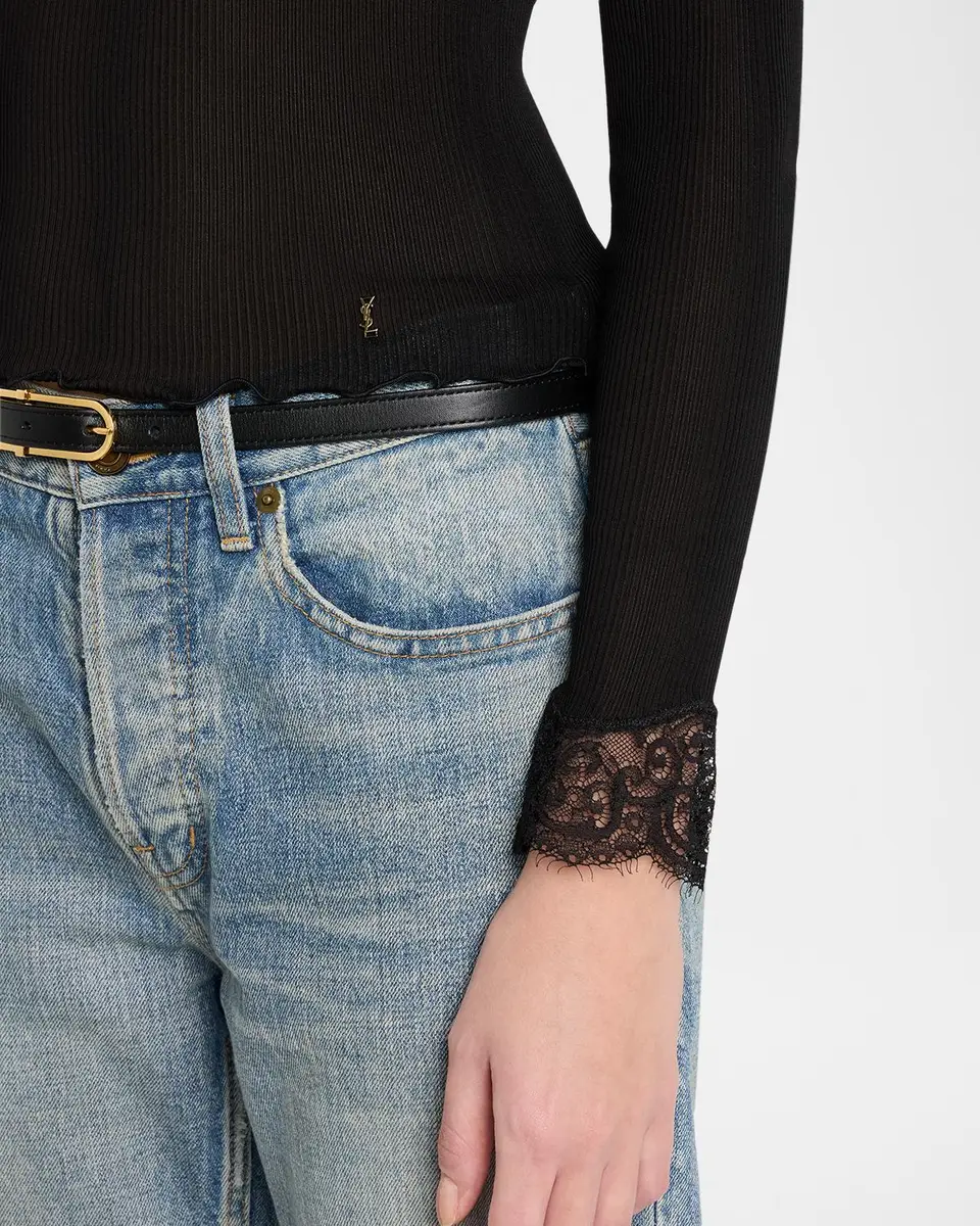 Saint Laurent Lace Trim Wool-Cashmere Rib Jersey Long-Sleeve Top | Thumbnail 5 Saint Laurent Lace Trim Wool-Cashmere Rib Jersey Long-Sleeve Top | Thumbnail 5