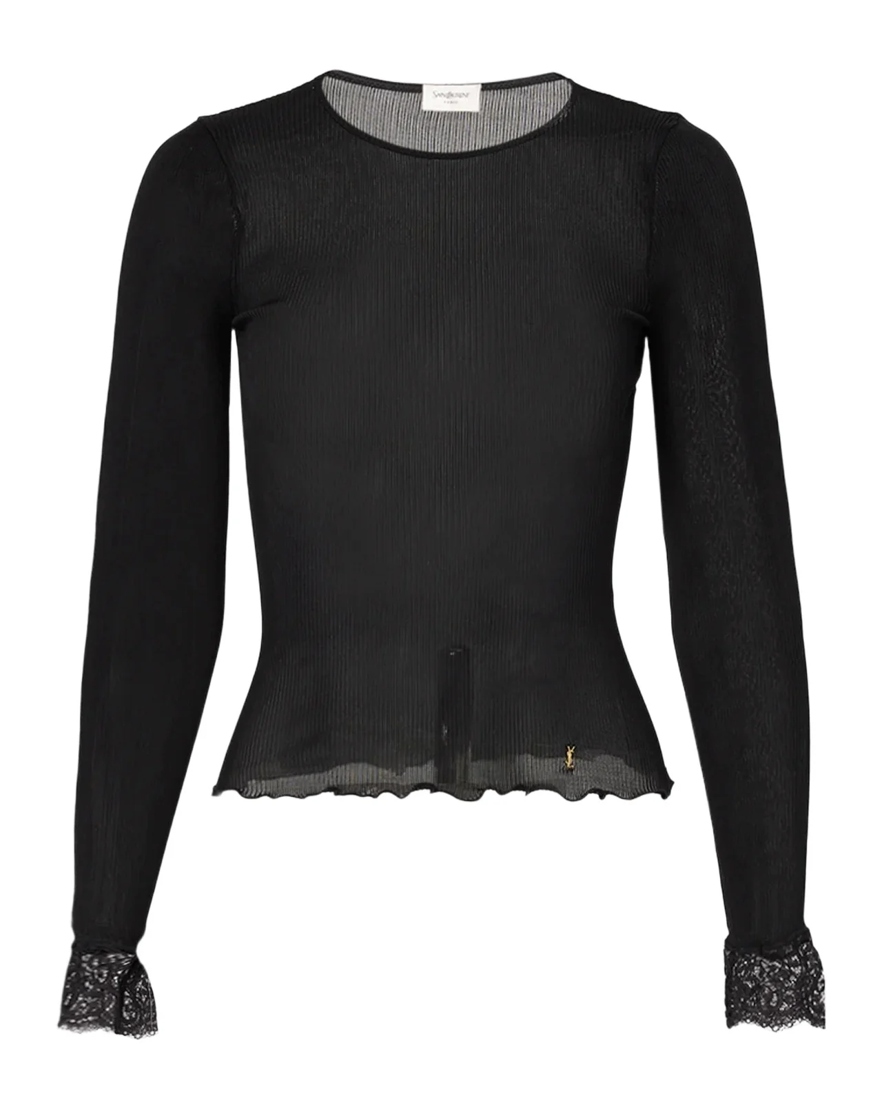 Saint Laurent Lace Trim Wool-Cashmere Rib Jersey Long-Sleeve Top