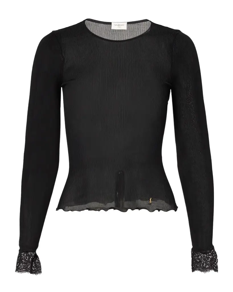 Lace Trim Wool-Cashmere Rib Jersey Long-Sleeve Top Lace Trim Wool-Cashmere Rib Jersey Long-Sleeve Top