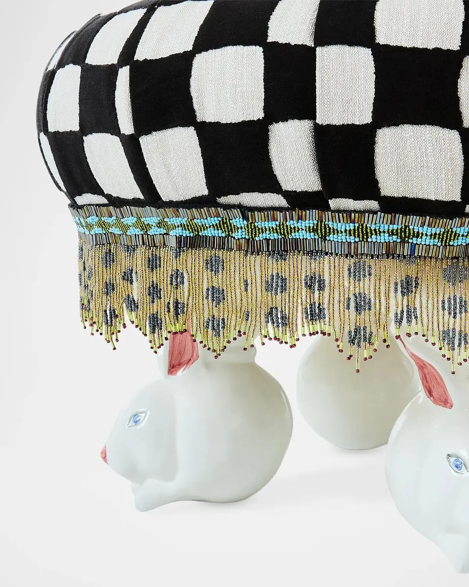MacKenzie-Childs Rabbit Warren Courtly-Check Ottoman | Thumbnail 3 MacKenzie-Childs Rabbit Warren Courtly-Check Ottoman | Thumbnail 3