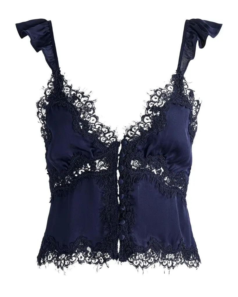 Alice + Olivia Rafaella Lace-Trim Ruffled Satin Top