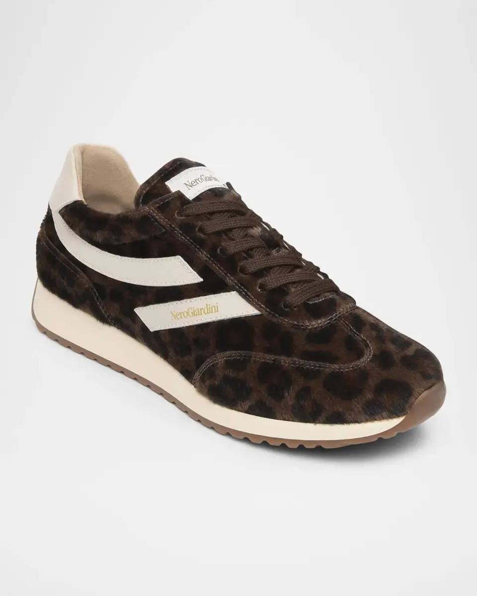 NeroGiardini Retro Leopard Calf Hair Runner Sneakers | Thumbnail 2