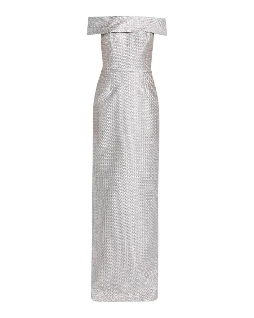 Rickie Freeman for Teri Jon Basket Weave Jacquard Off-the-Shoulder Column Gown