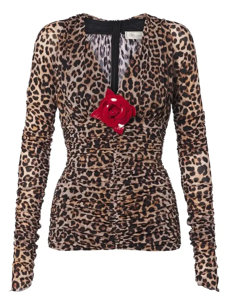 Floral-appliqué leopard-print jersey top