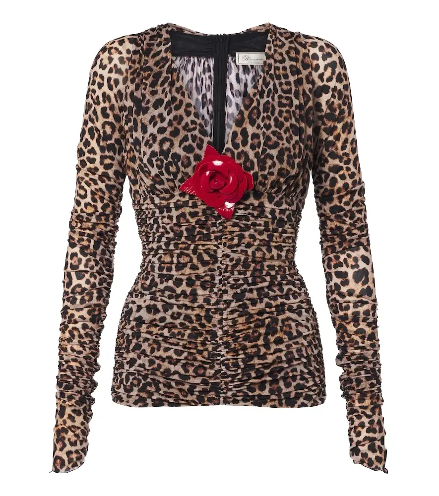 Floral-appliqué leopard-print jersey top Floral-appliqué leopard-print jersey top