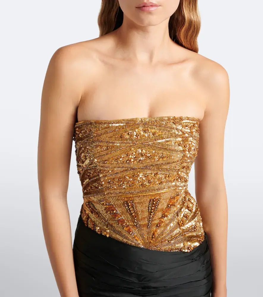 LA FUORI Là Fuori Gilded Geo draped sequined bustier gown | Thumbnail 5