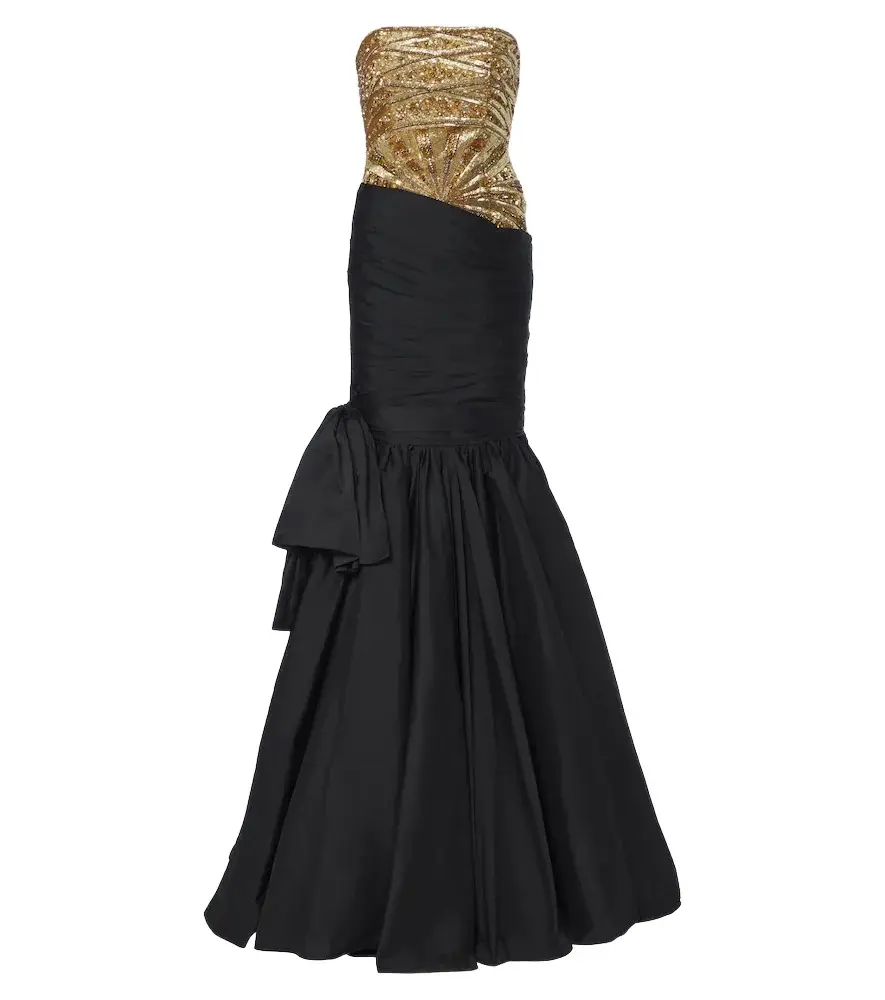 LA FUORI Là Fuori Gilded Geo draped sequined bustier gown