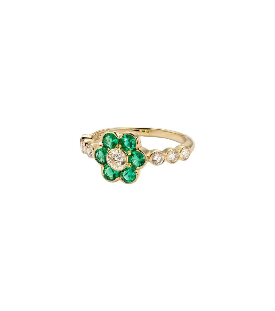 Flora 18kt gold ring with emeralds and diamonds