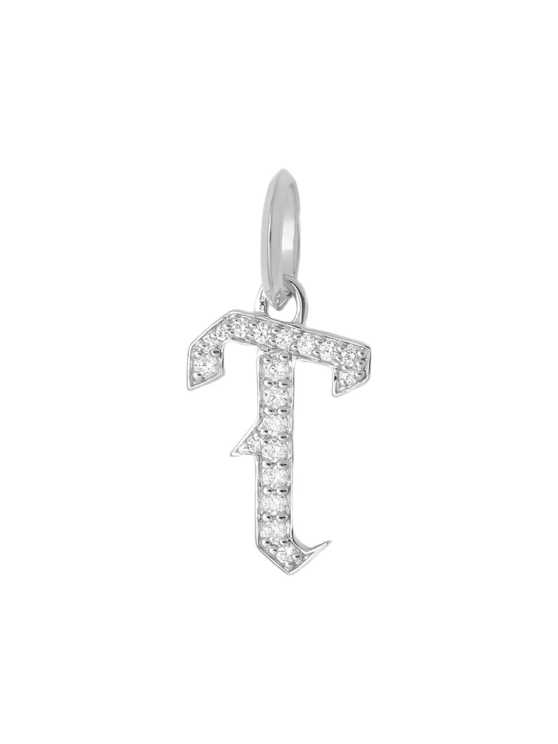 Capital Gothic Letter Charm with Pavé White Diamonds T / 18K White Gold Capital Gothic Letter Charm with Pavé White Diamonds T / 18K White Gold
