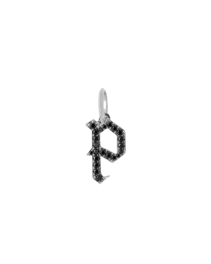 Jennifer Fisher Capital Gothic Letter Charm with Pavé Black Diamonds 18K White Gold / P Jennifer Fisher Capital Gothic Letter Charm with Pavé Black Diamonds 18K White Gold / P