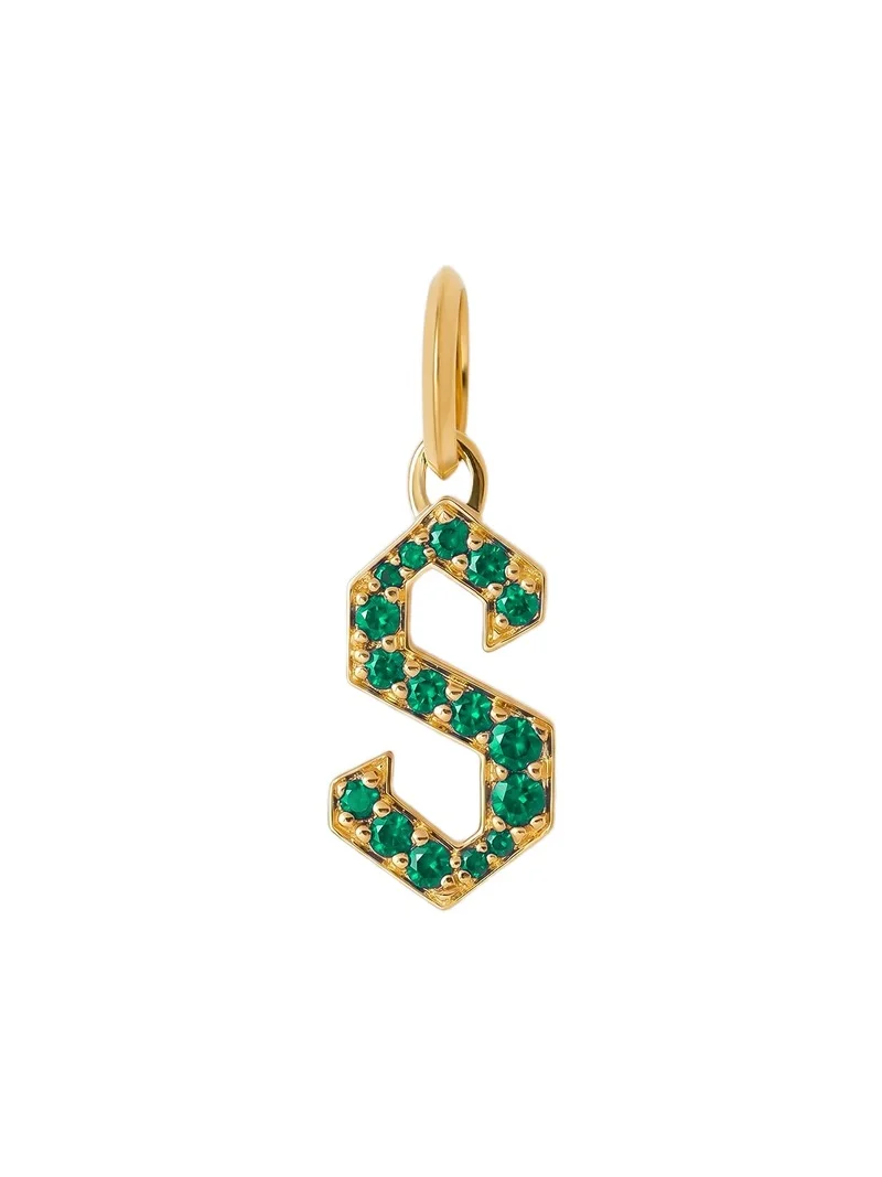 Jennifer Fisher Capital Gothic Letter Charm with Pavé Gemstones Emerald / S