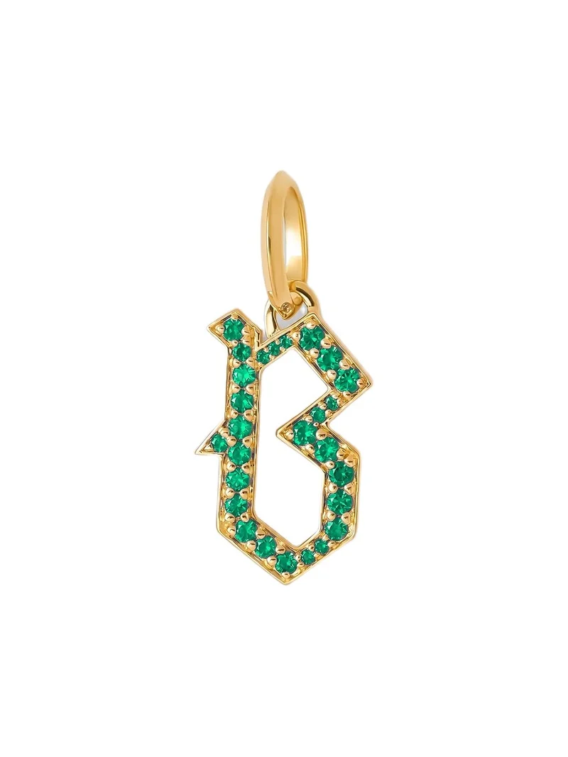 Jennifer Fisher Capital Gothic Letter Charm with Pavé Gemstones Emerald / B