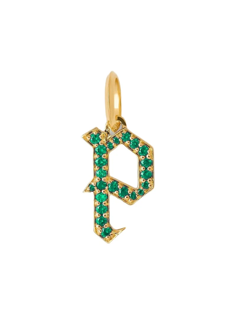 Jennifer Fisher Capital Gothic Letter Charm with Pavé Gemstones Emerald / P