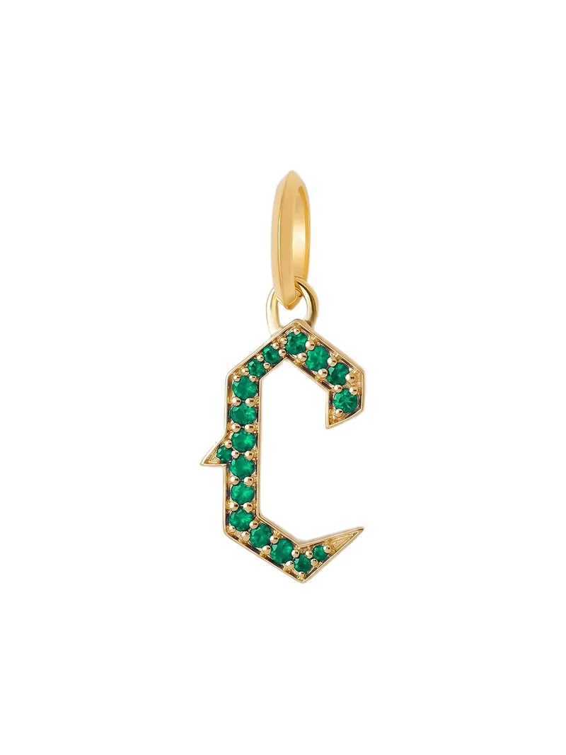 Jennifer Fisher Capital Gothic Letter Charm with Pavé Gemstones Emerald / C