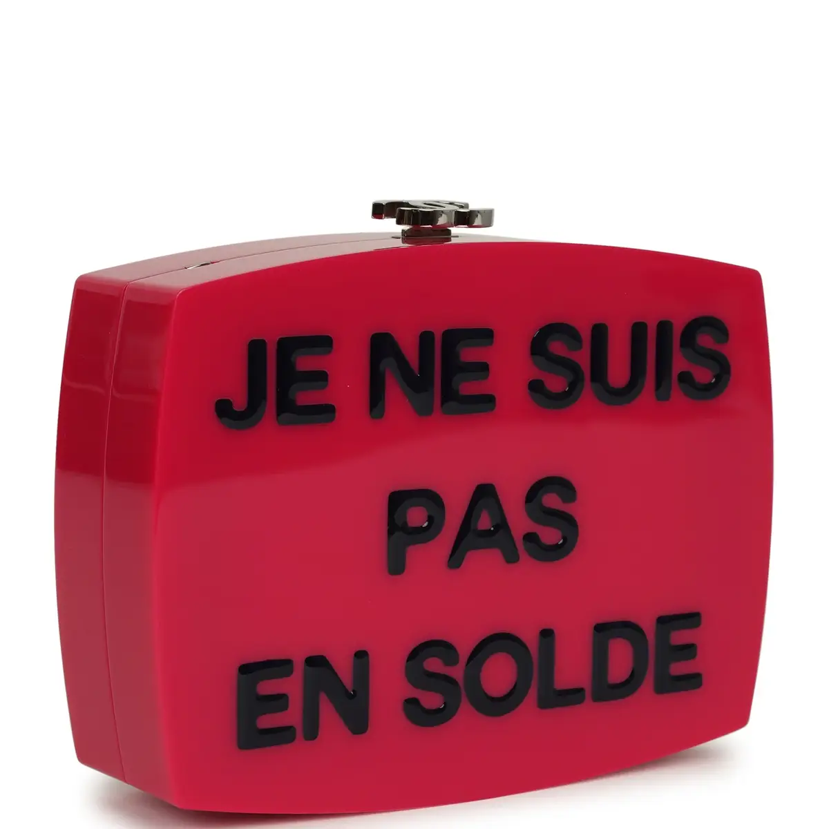 Chanel Chanel "Je Ne Suis Pas En Solde" Minaudiere Clutch with Chain Fuchsia, Navy Blue Plexiglass, Resin Silver Hardware | Thumbnail 2 Chanel Chanel "Je Ne Suis Pas En Solde" Minaudiere Clutch with Chain Fuchsia, Navy Blue Plexiglass, Resin Silver Hardware | Thumbnail 2