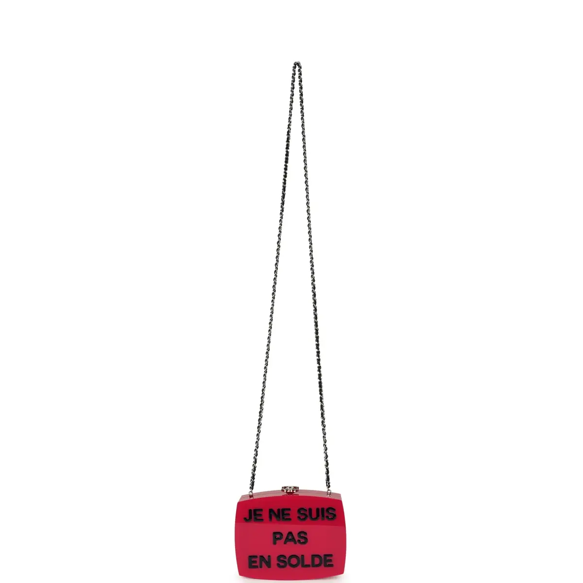 Chanel Chanel "Je Ne Suis Pas En Solde" Minaudiere Clutch with Chain Fuchsia, Navy Blue Plexiglass, Resin Silver Hardware | Thumbnail 8 Chanel Chanel "Je Ne Suis Pas En Solde" Minaudiere Clutch with Chain Fuchsia, Navy Blue Plexiglass, Resin Silver Hardware | Thumbnail 8