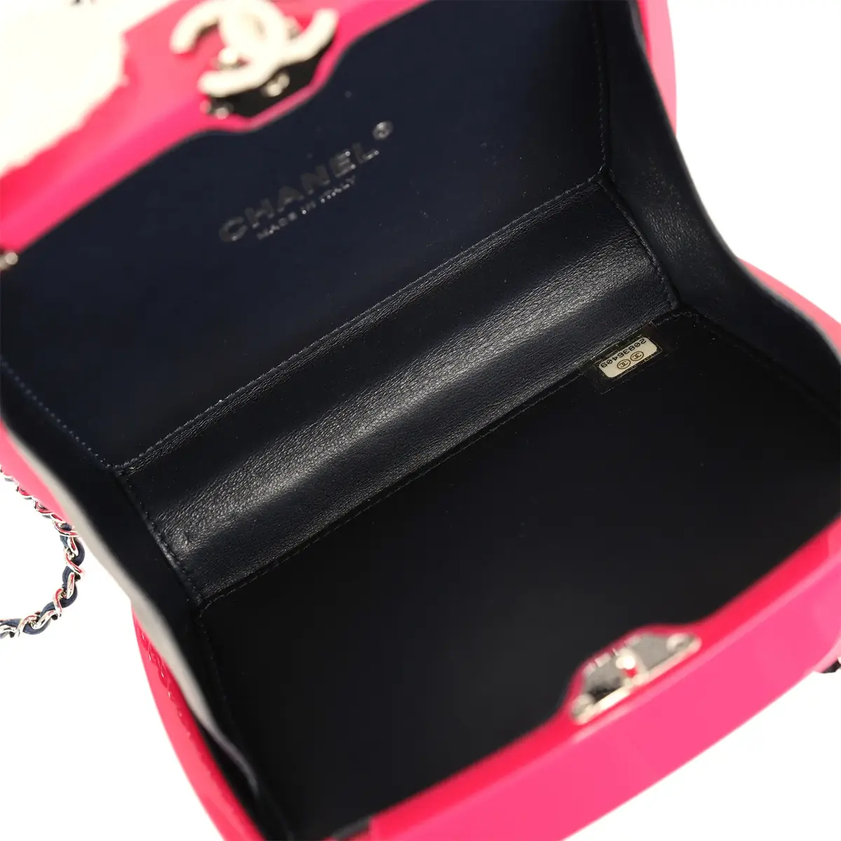 Chanel Chanel "Je Ne Suis Pas En Solde" Minaudiere Clutch with Chain Fuchsia, Navy Blue Plexiglass, Resin Silver Hardware | Thumbnail 9 Chanel Chanel "Je Ne Suis Pas En Solde" Minaudiere Clutch with Chain Fuchsia, Navy Blue Plexiglass, Resin Silver Hardware | Thumbnail 9