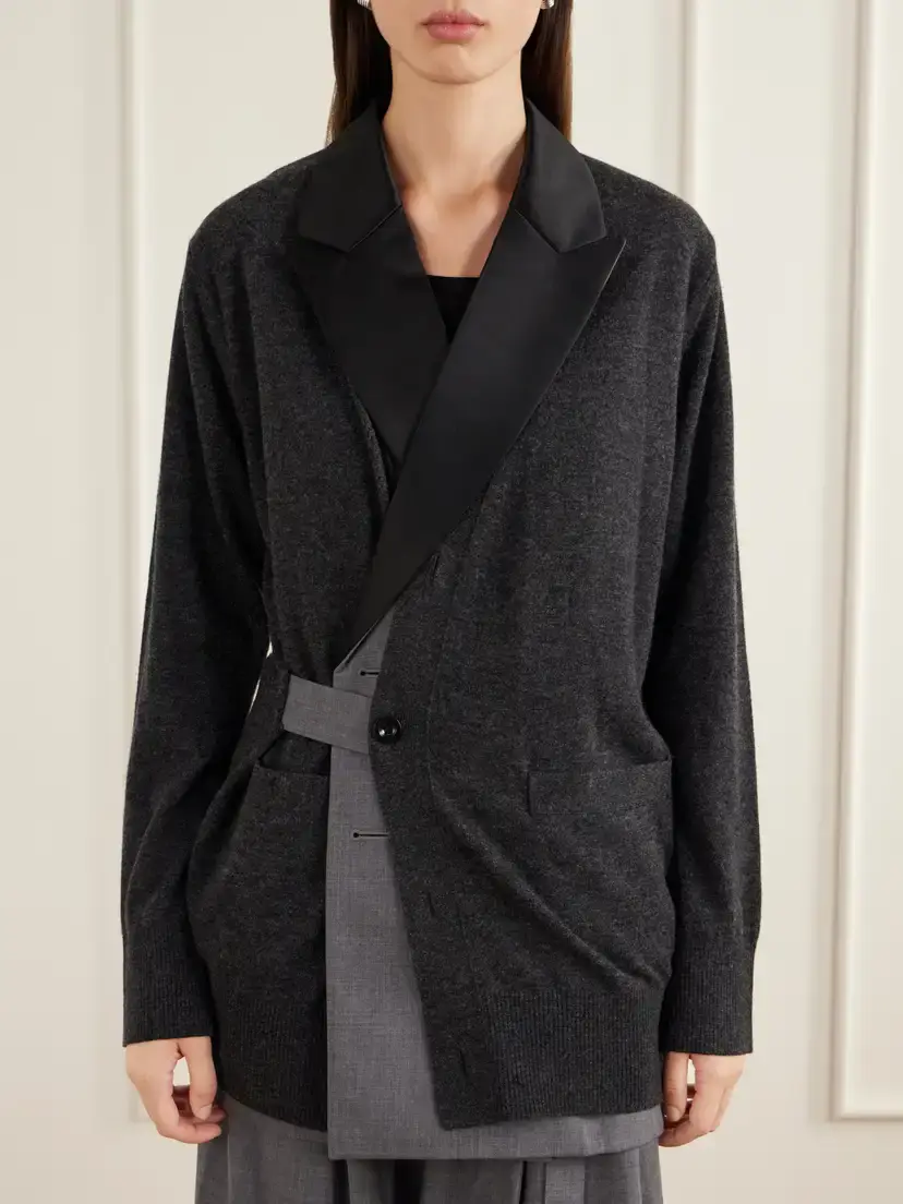 Sacai Layered Satin-trimmed Wool Cardigan | Thumbnail 3 Sacai Layered Satin-trimmed Wool Cardigan | Thumbnail 3