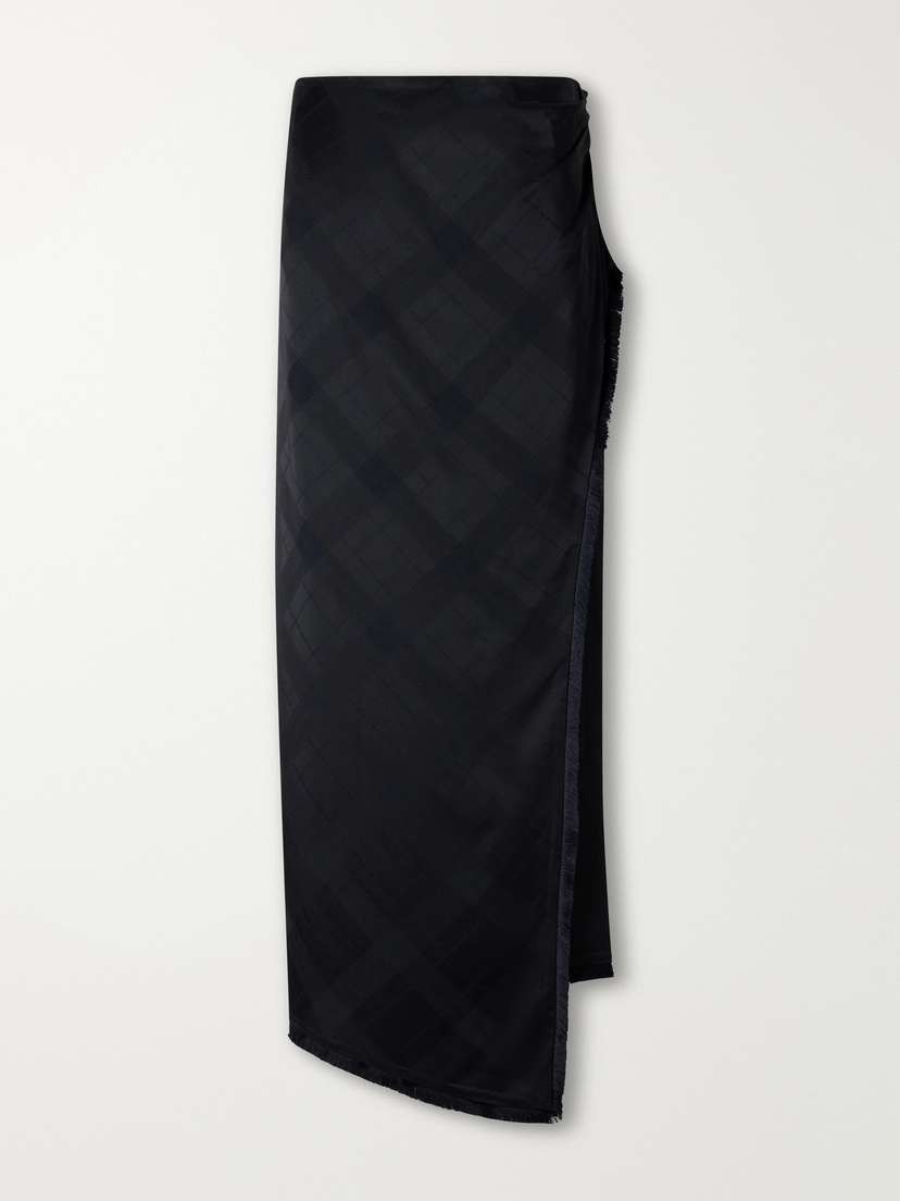 RÙADH The Alee Checked Frayed Asymmetric Satin Maxi Skirt
