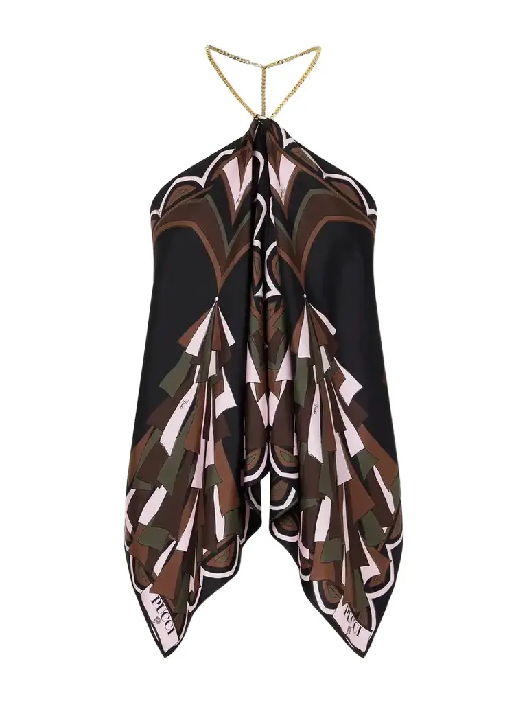 PUCCI Chain-embellished Draped Printed Silk-twill Halterneck Top