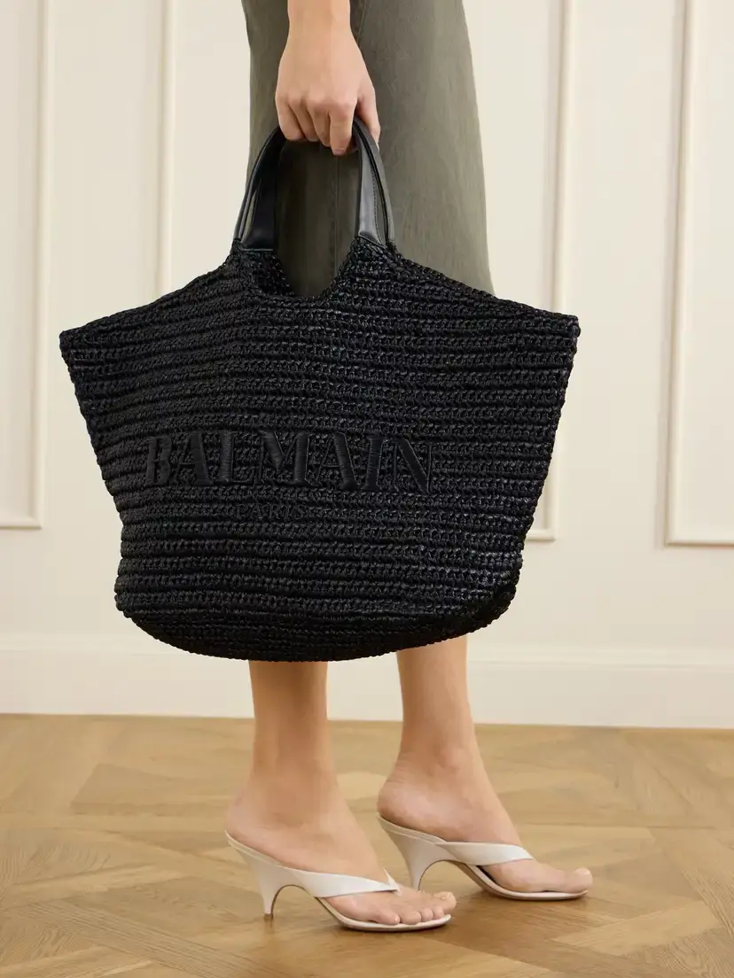 Balmain Cabas Large Logo-embroidered Leather-trimmed Raffia Shoulder Bag | Thumbnail 2 Balmain Cabas Large Logo-embroidered Leather-trimmed Raffia Shoulder Bag | Thumbnail 2