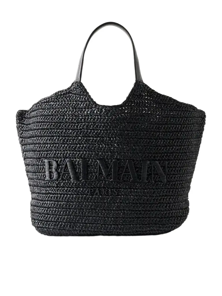 Balmain Cabas Large Logo-embroidered Leather-trimmed Raffia Shoulder Bag