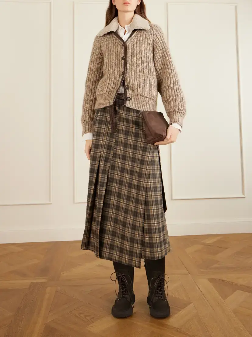 Brunello Cucinelli Rib-knitted Shearling And Leather-trimmed Cashmere-blend Cardigan | Thumbnail 2