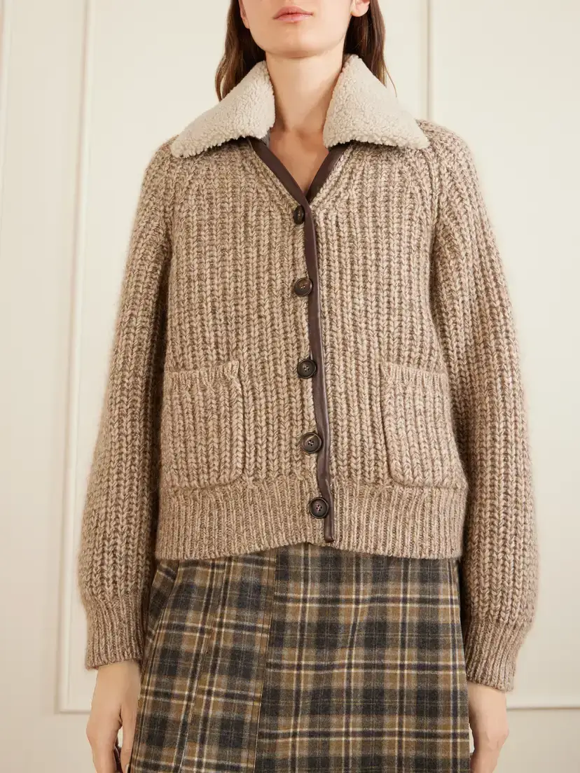 Brunello Cucinelli Rib-knitted Shearling And Leather-trimmed Cashmere-blend Cardigan | Thumbnail 3