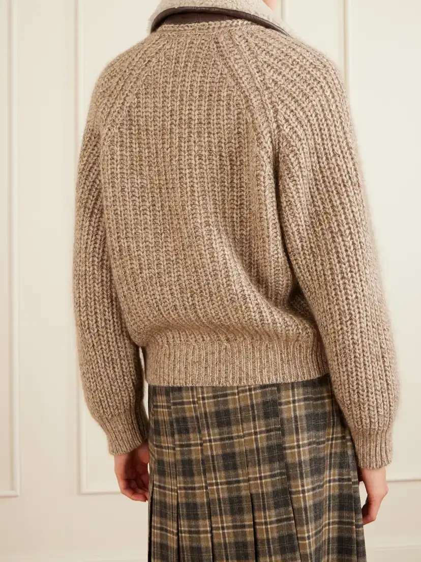 Brunello Cucinelli Rib-knitted Shearling And Leather-trimmed Cashmere-blend Cardigan | Thumbnail 4