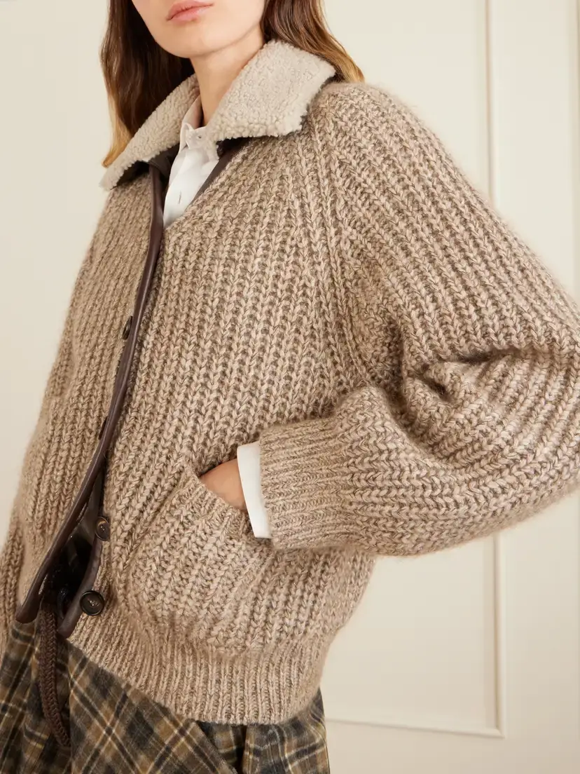 Brunello Cucinelli Rib-knitted Shearling And Leather-trimmed Cashmere-blend Cardigan | Thumbnail 5